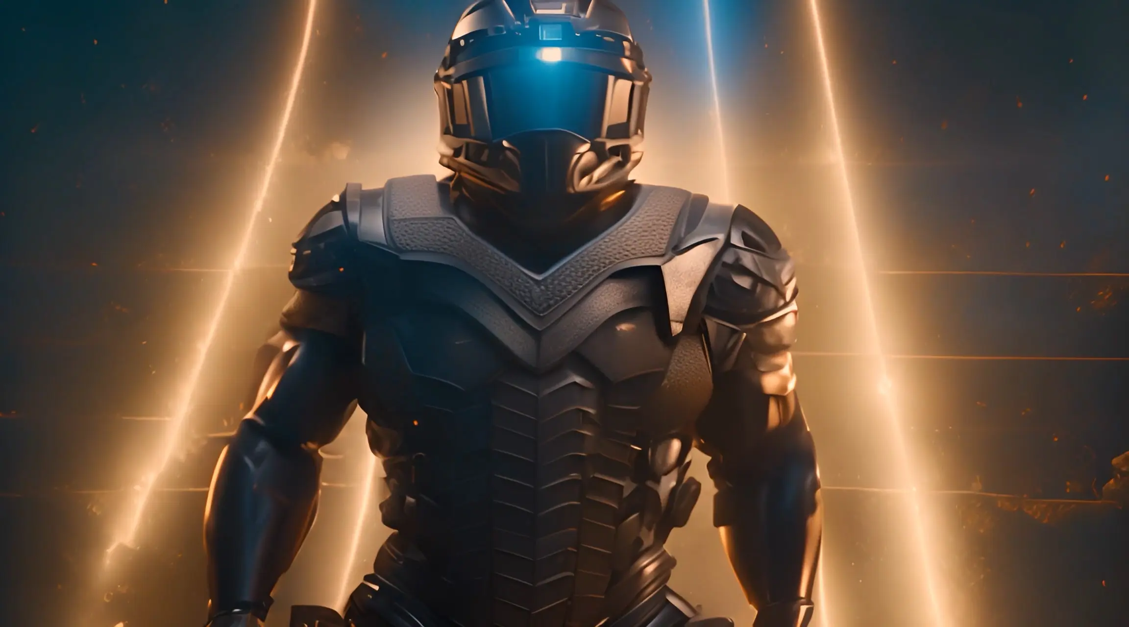 Battle-Ready Cybernetic Suit in Spotlight Backdrop